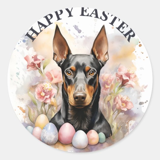 Sticker Rond Oeufs et fleurs de chocolat de Pâques Doberman - (Devant)
