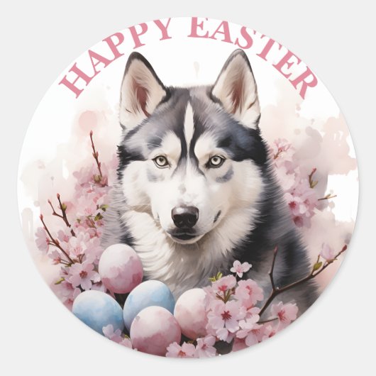Sticker Rond Oeufs et fleurs de chocolat Husky de Pâques - (Devant)