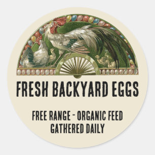 Sticker Rond Œufs frais ! Art nouveau vintage Poules et Œufs