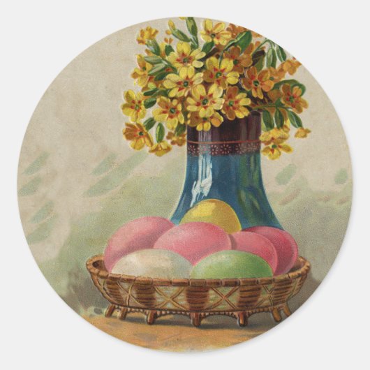 Sticker Rond Oeufs Pâques Panier Fleurs Antique (Devant)
