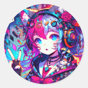 Sticker Rond Oeuvre colorée Glitchcore Anime