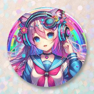 Sticker Rond Oeuvre colorée Glitchcore Anime Girl