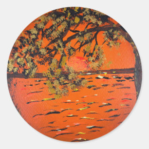 Sticker Rond Œuvre d'art faite main - Coucher de soleil doré