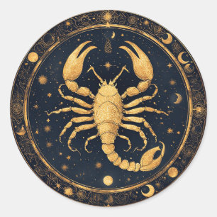 Sticker Rond Œuvre d'art Scorpion Doré avec Symboles Astrologiq