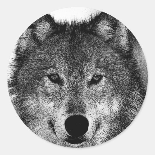 Sticker Rond Oeuvre de Loup noir et blanc (Devant)