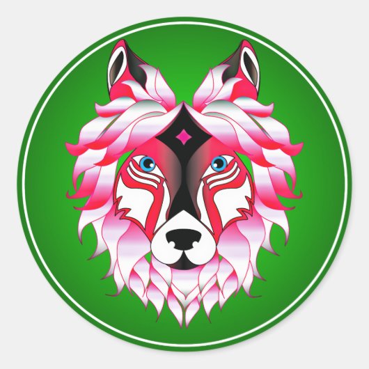 Sticker Rond Oeuvre de tête de loup rose (Devant)