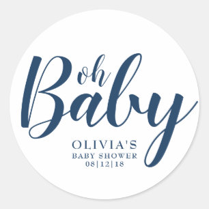 Sticker Rond Oh Baby - Baby shower bleu marine