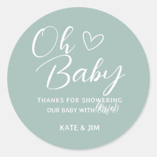 Sticker Rond Oh Baby Blue Sage Vert Baby shower Merci