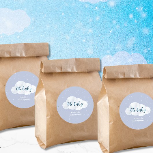 Sticker Rond Oh Baby Boy Blue Clouds Sky Stars Baby shower
