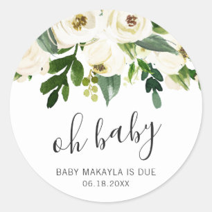 Sticker Rond Oh Baby Elegant Blanc Floral Girl Baby shower