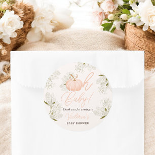 Sticker Rond Oh Baby rose citrouille floral merci baby shower