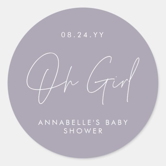 Sticker Rond oh Baby shower fille script violet lilas élégant (Devant)