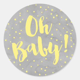 Sticker Rond Oh baby shower gris et jaune de bébé d'aquarelle