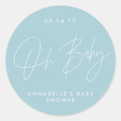 Sticker Rond Oh Baby shower script moderne bleu pâle élégant (Devant)