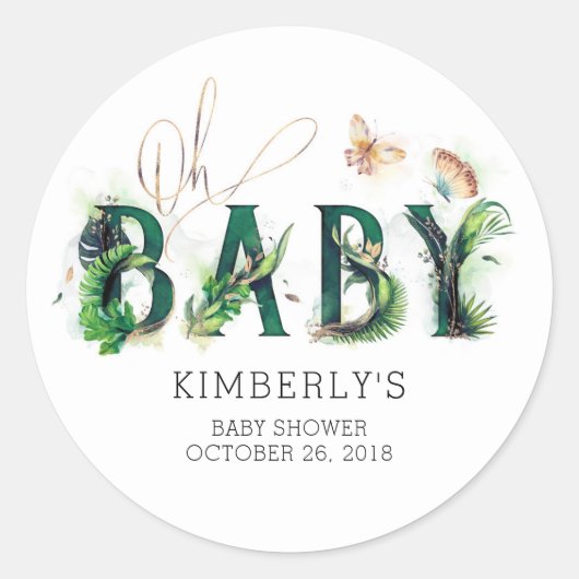 Sticker Rond Oh Baby Tropical Greenery Baby shower de plage (Devant)