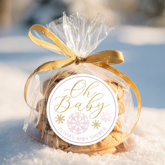 Sticker Rond Oh Baby Winter Wonderland Pink Baby Shower Favor