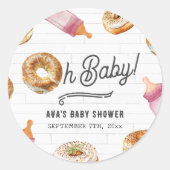 Sticker Rond Oh Bébé Bouteilles & Bagels Fille Baby shower Brun (Devant)
