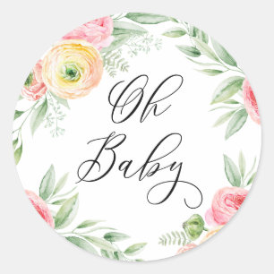 Sticker Rond Oh Bébé Fleurs de Ranunculus Aquarelle Baby Shower