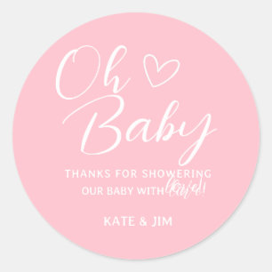 Sticker Rond Oh bébé rose simple fille Baby shower Merci