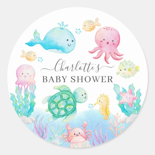 Sticker Rond Oh Bébé Sous Le Baby shower De Mer (Devant)
