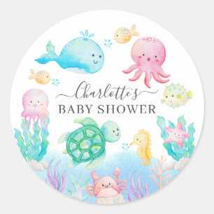 Sticker Rond Oh Bébé Sous Le Baby shower De Mer