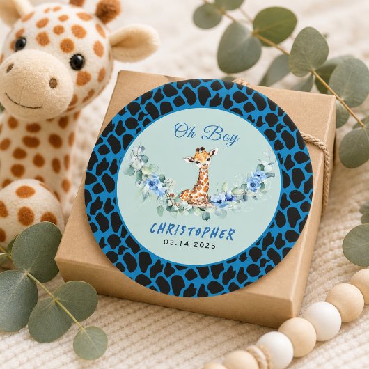 Sticker Rond Oh Boy! Bébé Girafe Fête de Naissance