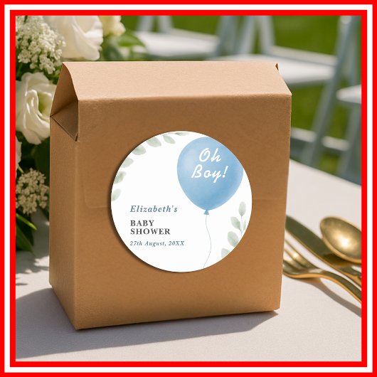 Sticker Rond Oh Boy Blue Balloon Eucalyptus Baby Shower