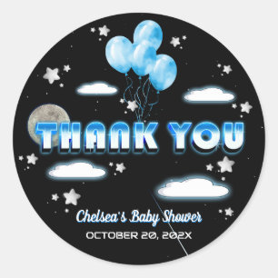 Sticker Rond Oh Boy Blue Balloons Galaxy Baby shower Merci