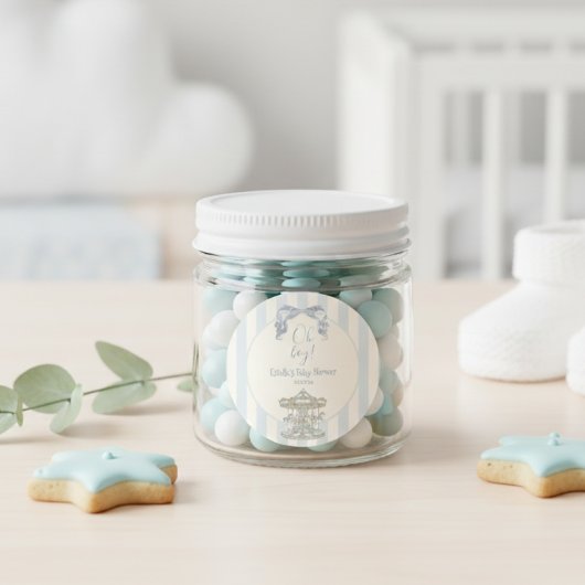Sticker Rond Oh Boy Bow Carousel  Blue Stripe Baby Shower 