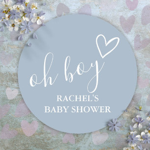 Sticker Rond Oh Boy Dusty Blue Baby Shower Cute Heart Merci