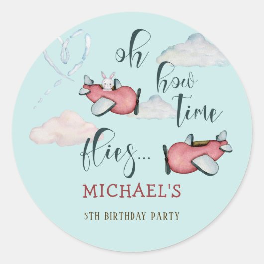 Sticker Rond Oh comment le temps vole rétro avion garçon annive (Devant)