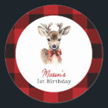 Sticker Rond Oh Deer Christmas Deer Anniversaire<br><div class="desc">Sticker pour l'anniversaire de naissance du cerf de Noël du garçon Oh Deer Woodland</div>