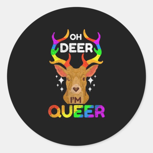 Sticker Rond Oh Deer Queer Funny LGBTQ Pride Awareness (Devant)