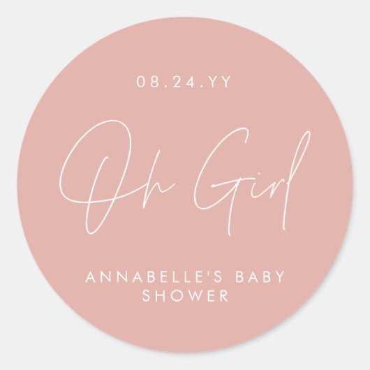 Sticker Rond oh fille Baby shower script rose élégant (Devant)