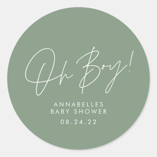 Sticker Rond oh garçon Baby shower script vert élégant (Devant)