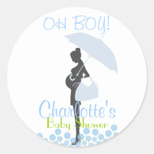 Sticker Rond OH GARÇON ! Fête Baby shower Silhouette Bleue Favo