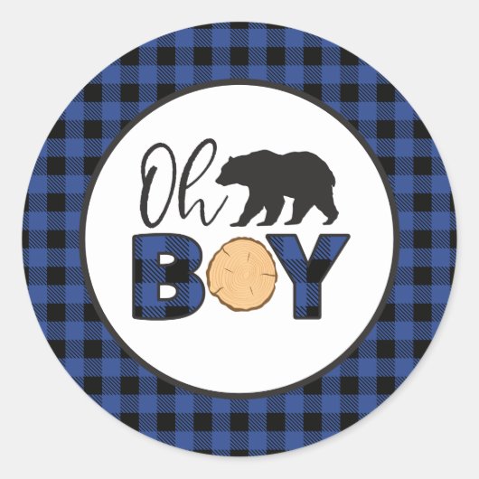 Sticker Rond Oh garçon ours bleu Buffalo Plaid Baby shower (Devant)