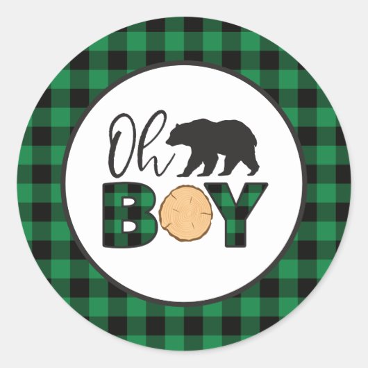 Sticker Rond Oh Garçon Ours Carreaux de Buffalo verts Baby Show (Devant)