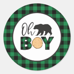 Sticker Rond Oh Garçon Ours Carreaux de Buffalo verts Baby Show