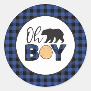 Sticker Rond Oh Garçon Ours Plaid Bleu de Buffalo Baby Shower