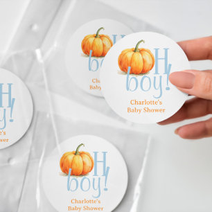 Sticker Rond Oh Garçon Petit Citrouille Garçon Bleu Baby Shower