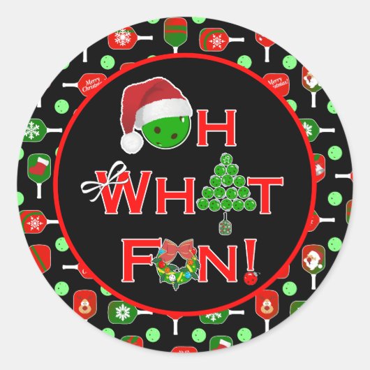 Sticker Rond Oh What Fun Christmas Pickleball Paddles Black (Devant)