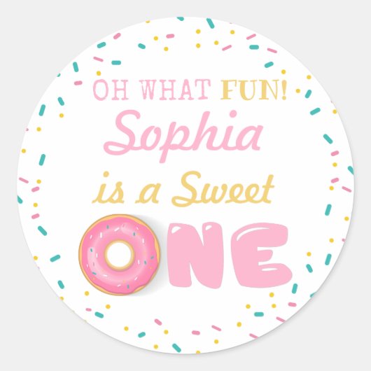 Sticker Rond Oh What Fun Donuts First Birthday Party (Devant)