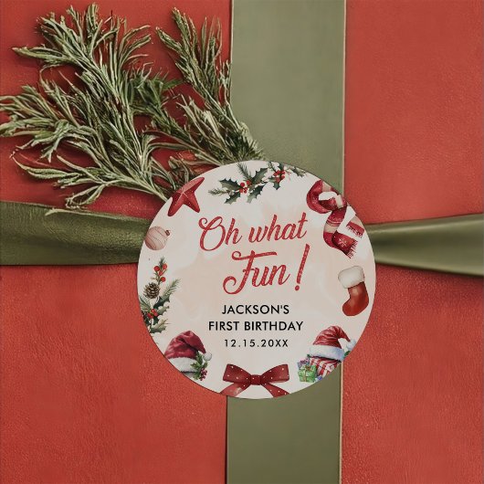 Sticker Rond Oh What Fun Noël Première fête d'anniversaire