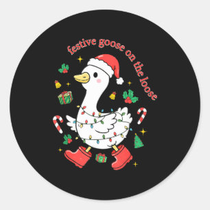 Sticker Rond Oie festive de Noël en liberté Oie idiote X