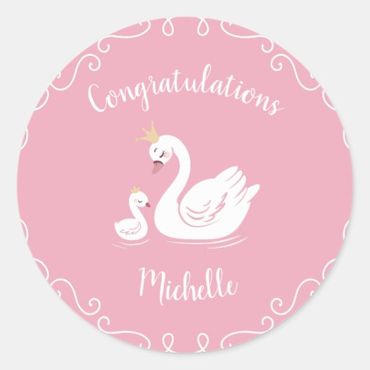 Sticker Rond Oiseau Baby shower cygne avec thème Couronne rose (Devant)