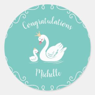 Sticker Rond Oiseau Baby shower cygne avec thème Couronne Turqu