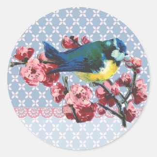 Sticker Rond Oiseau bleu et fleurs de cerisiers