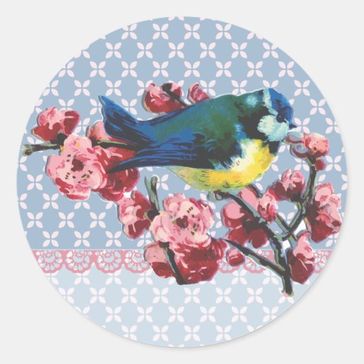 Sticker Rond Oiseau bleu et fleurs de cerisiers (Devant)