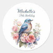 Sticker Rond Oiseau bleu Fleurs roses 75e anniversaire (Devant)